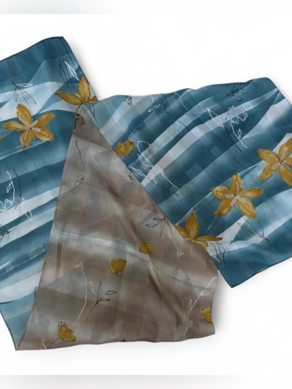 Blue and beige scarf with gold floral motifs and white stripes